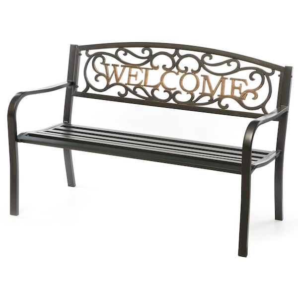 Gardenised Steel Outdoor Patio Garden Park Seating Bench with Cast Iron Welcome Backrest, Front Porch Yard Bench Lawn Decor QI003709 - main